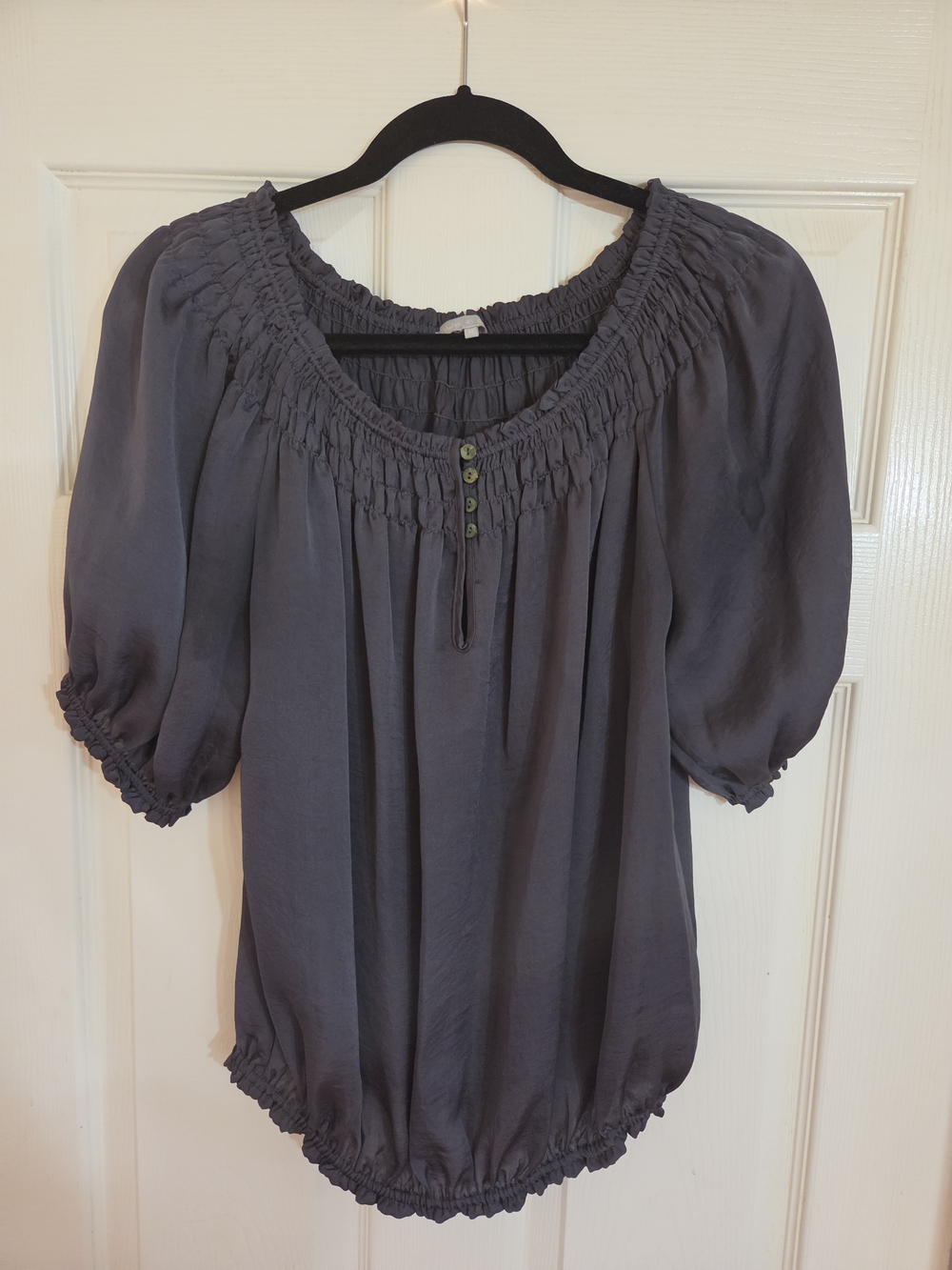 Violet & Claire Slate Gray Smocked Neck Puff Sleeve Blouse